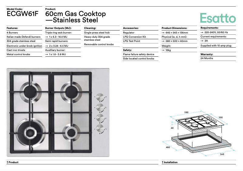 Page 1 de la notice Fiche technique Esatto ECGW61F