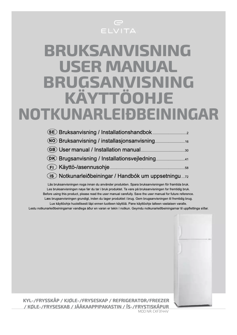 Page 1 de la notice Manuel utilisateur Elvita CKF3144V