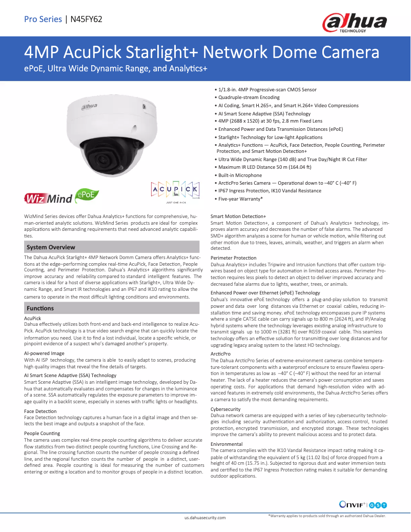 Page 1 de la notice Fiche technique Dahua Technology N45FY62