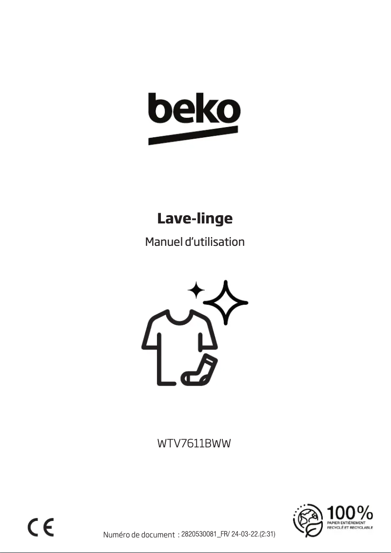 Page 1 de la notice Manuel utilisateur Beko WTV7611BWW