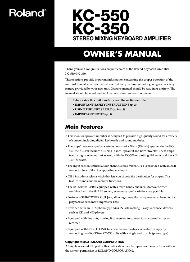 Page 1 de la notice Manuel utilisateur Roland KC-550