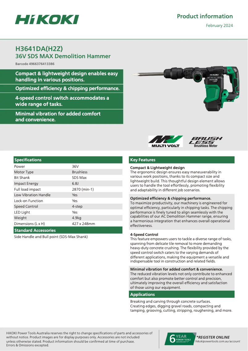 Page 1 de la notice Fiche technique HiKOKI H3641DA