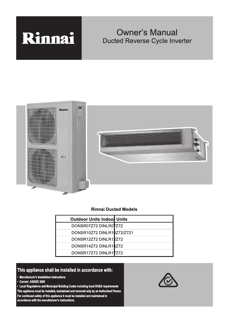 Page 1 de la notice Manuel utilisateur Rinnai DINLR07Z72