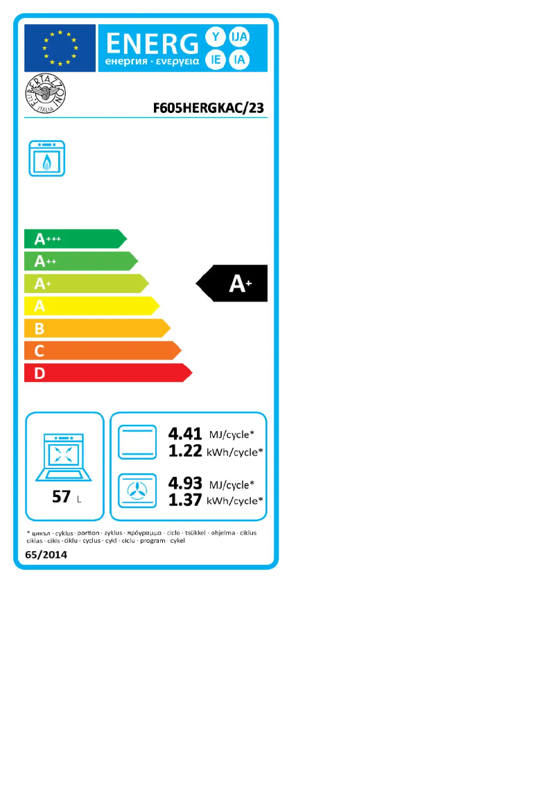 Page 1 de la notice Label énergétique Bertazzoni F605HERGKNE