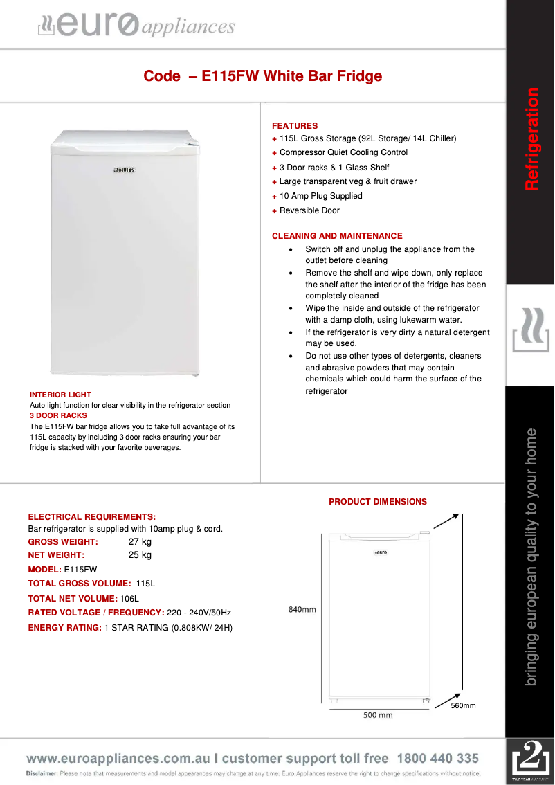 Page 1 de la notice Manuel utilisateur Euro Appliances E115FW