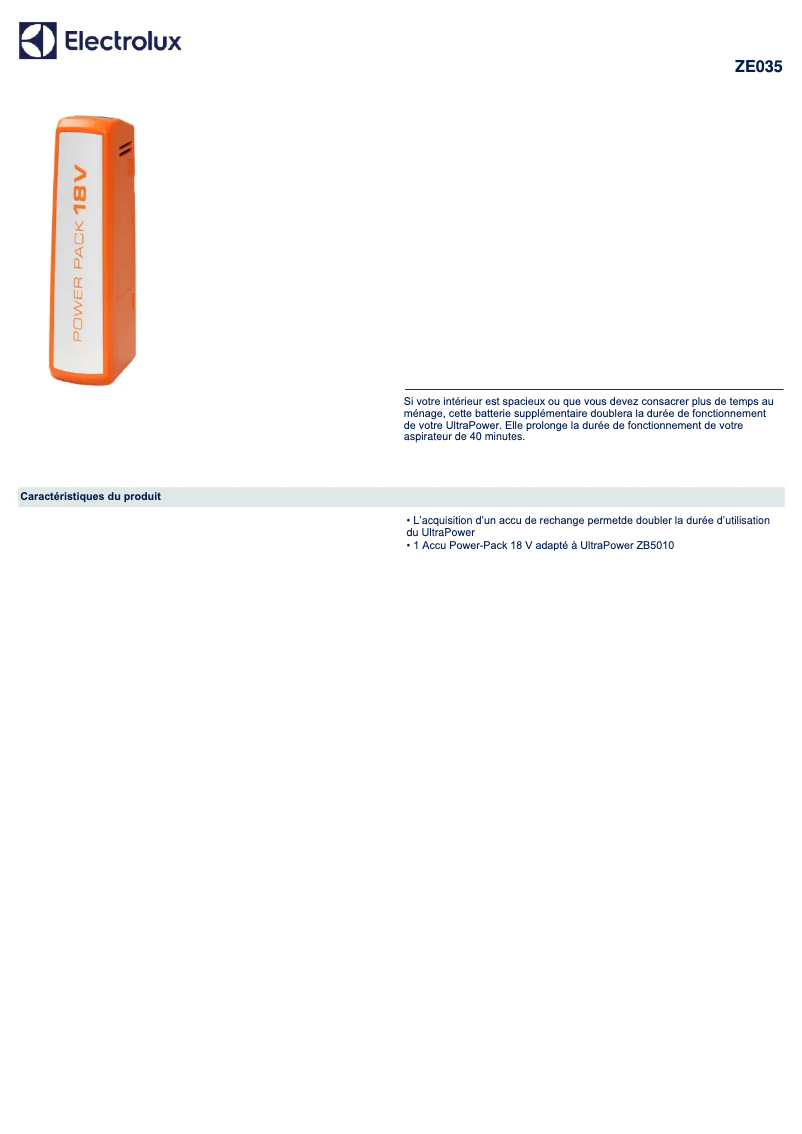 Page 1 de la notice Fiche technique Electrolux ZE035