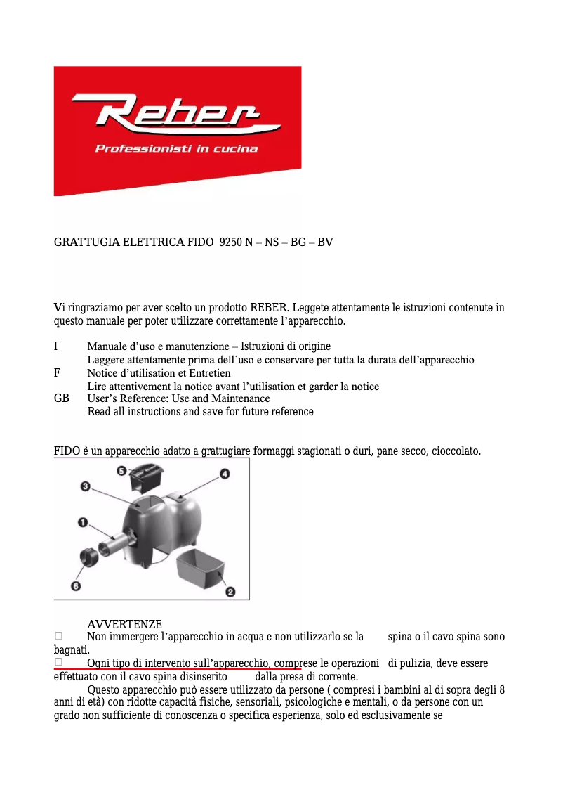 Page 1 de la notice Manuel utilisateur Reber 9250 BG
