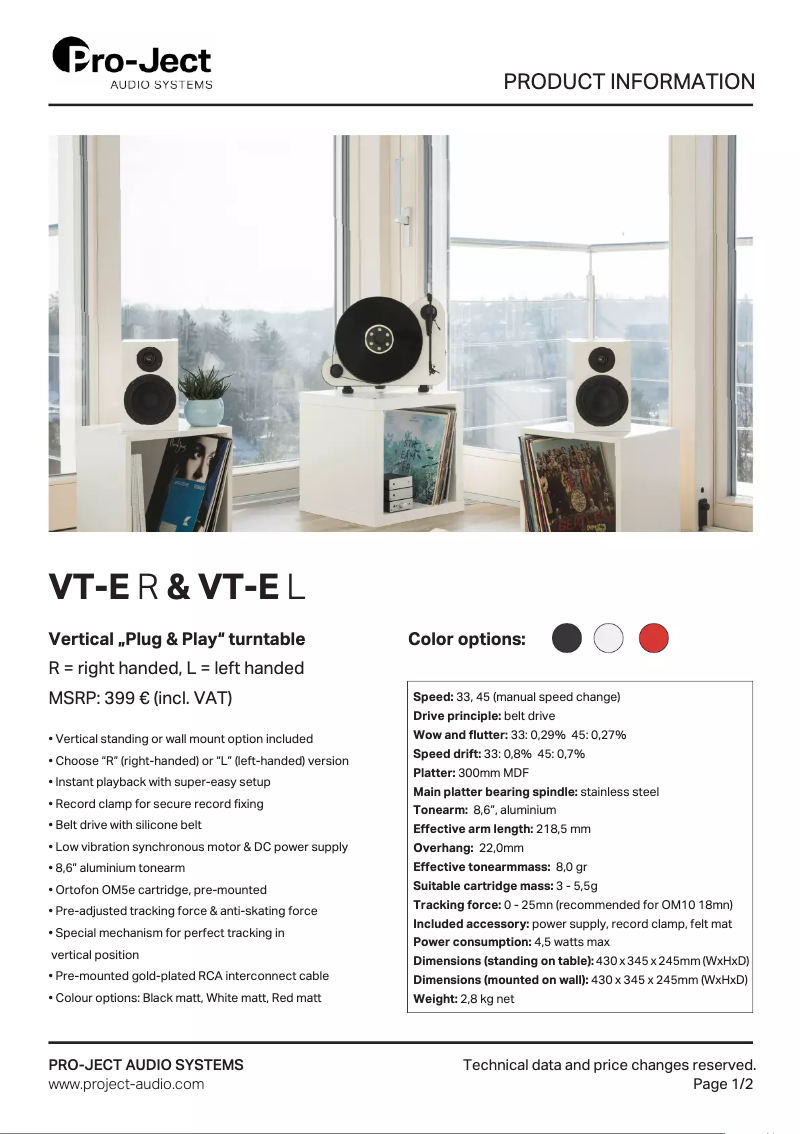 Page 1 de la notice Fiche technique Pro-Ject VT-E R