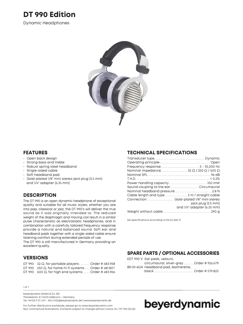 Page 1 de la notice Fiche technique Beyerdynamic DT 990 Edition