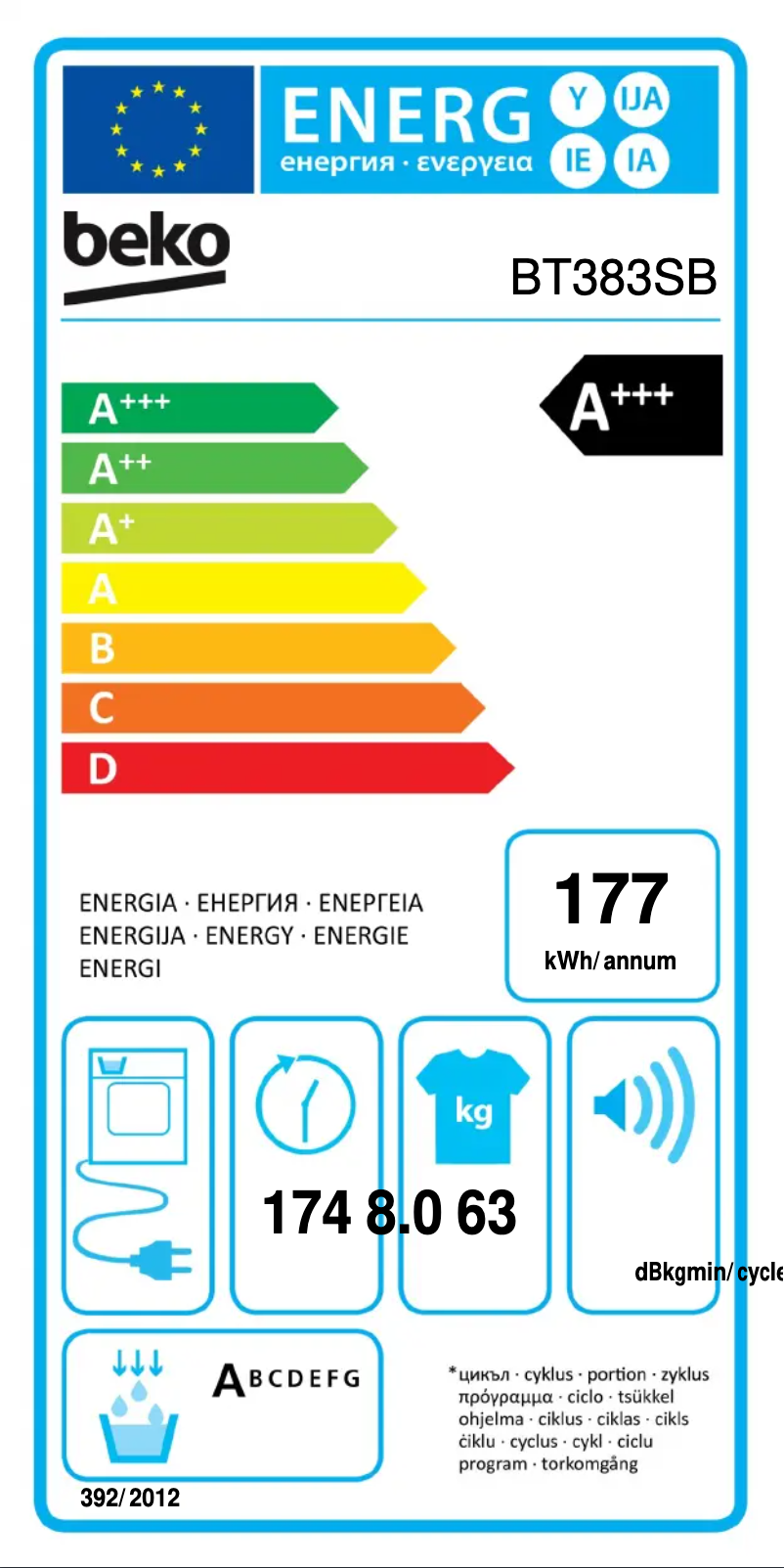 Page 1 de la notice Label énergétique Beko BT383SB