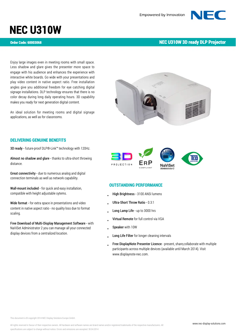Page 1 de la notice Fiche technique NEC U310W