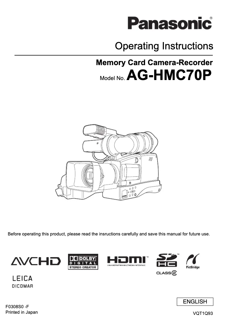 Page 1 de la notice Manuel utilisateur Panasonic AG-HMC70P