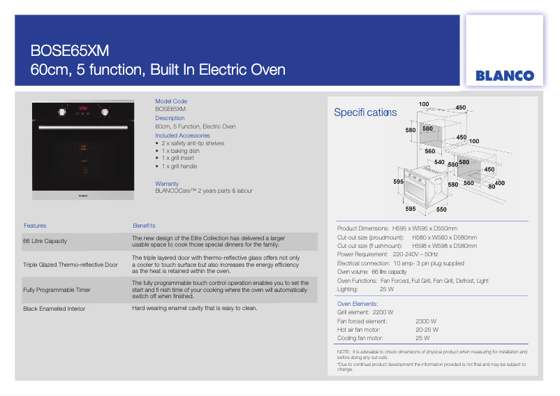 Page 1 de la notice Fiche technique BLANCO BOSE65XM