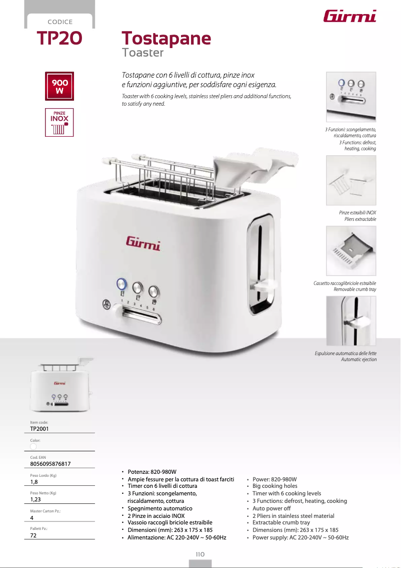 Page 1 de la notice Fiche technique Girmi TP20