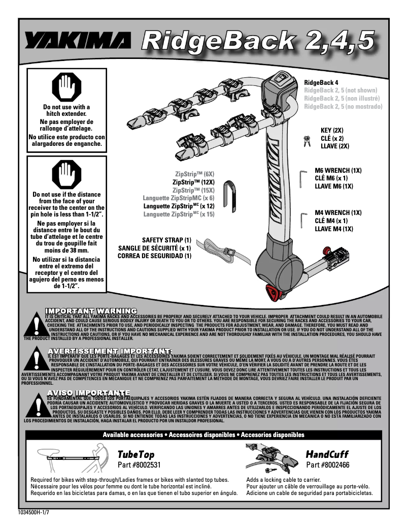 Page 1 de la notice Manuel utilisateur Yakima RidgeBack 4