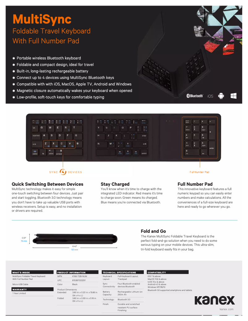 Page n°1 - Fiche technique Kanex MultiSync Foldable Travel Keyboard