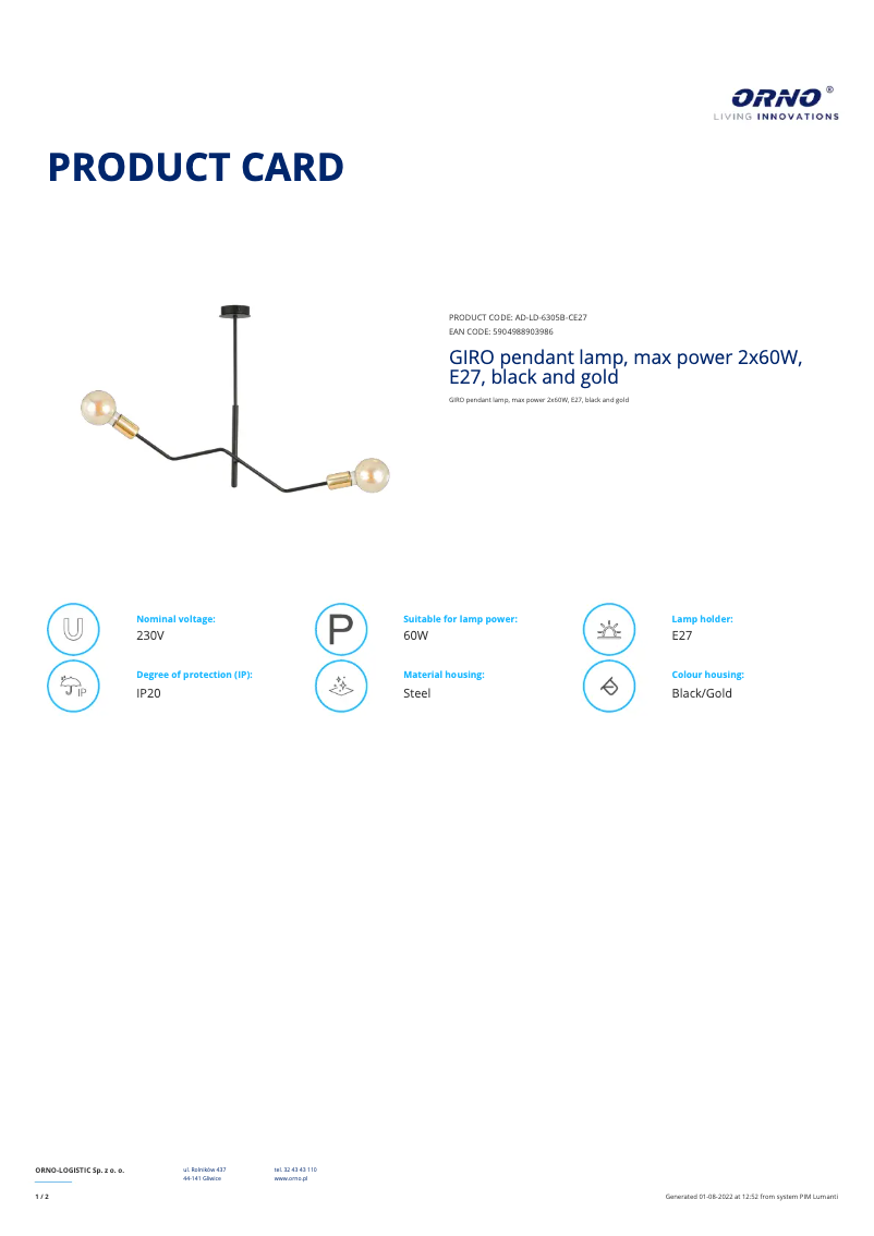 Page n°1 - Fiche technique Adviti AD-LD-6305B-CE27