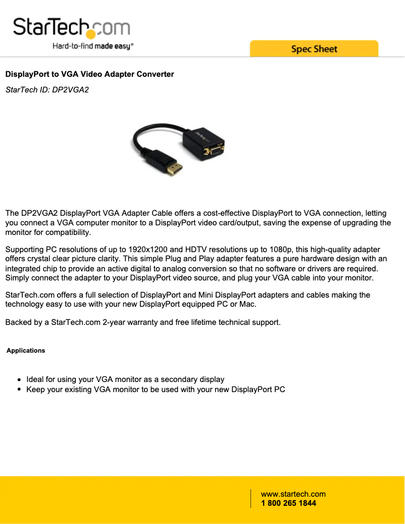 Page 1 de la notice Fiche technique StarTech.com DP2VGA2