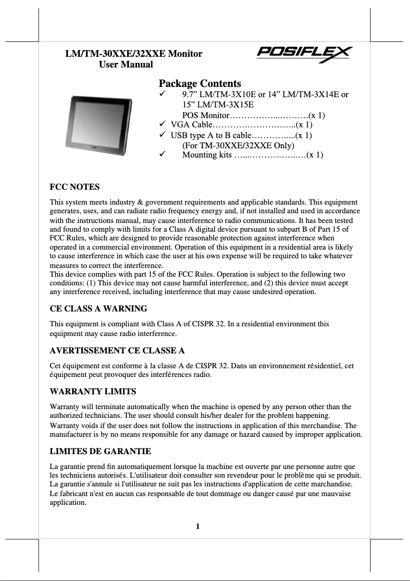 Page 1 de la notice Manuel utilisateur Posiflex TM-3015E