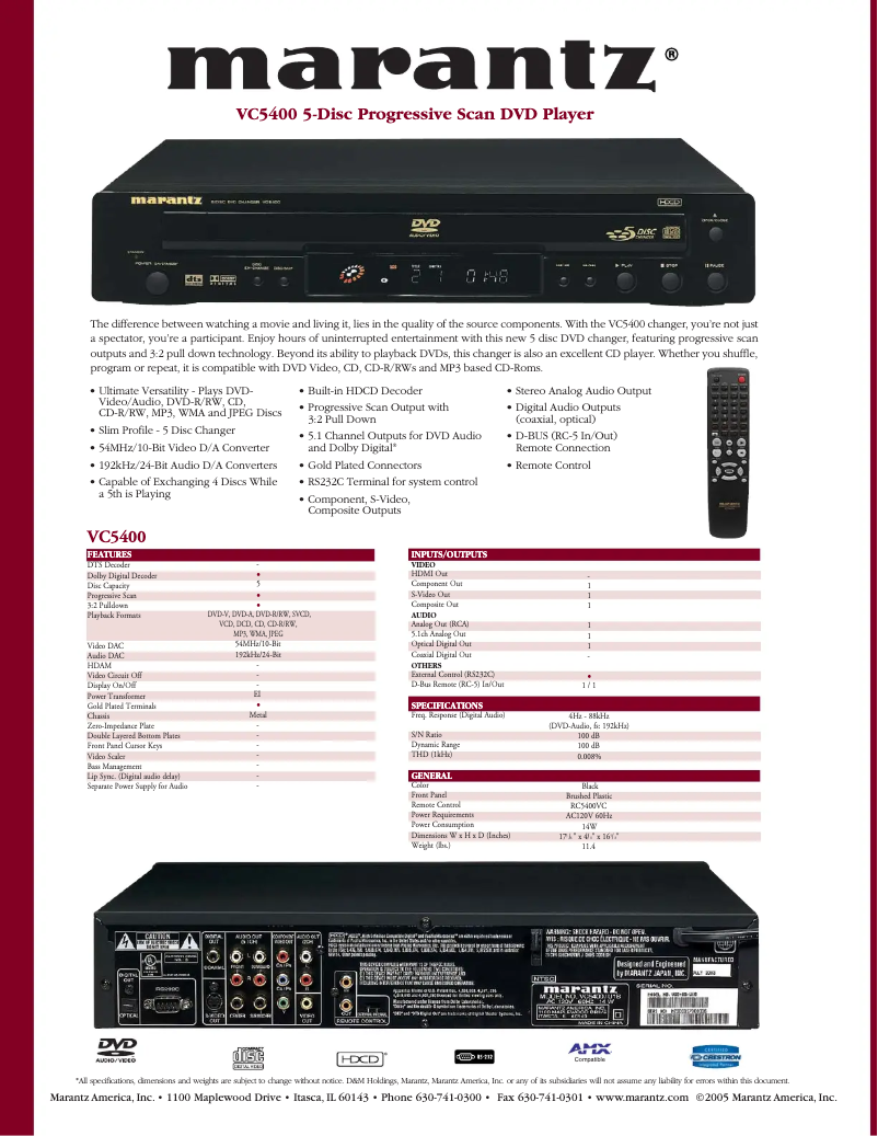 Page 1 de la notice Fiche technique Marantz VC5400