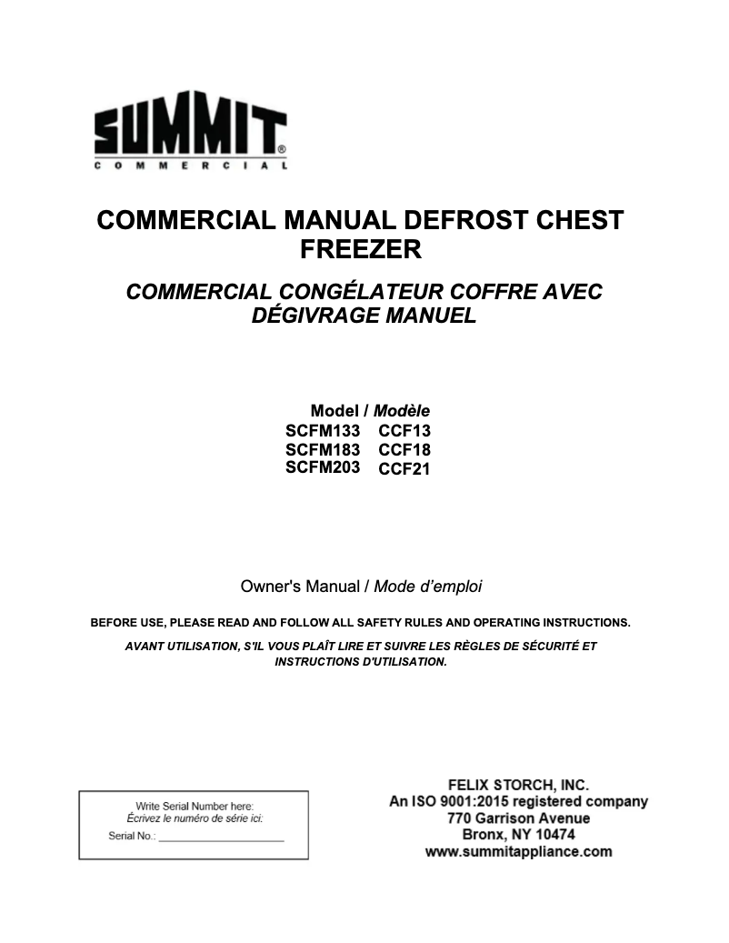Page 1 de la notice Manuel utilisateur Summit SCFM133