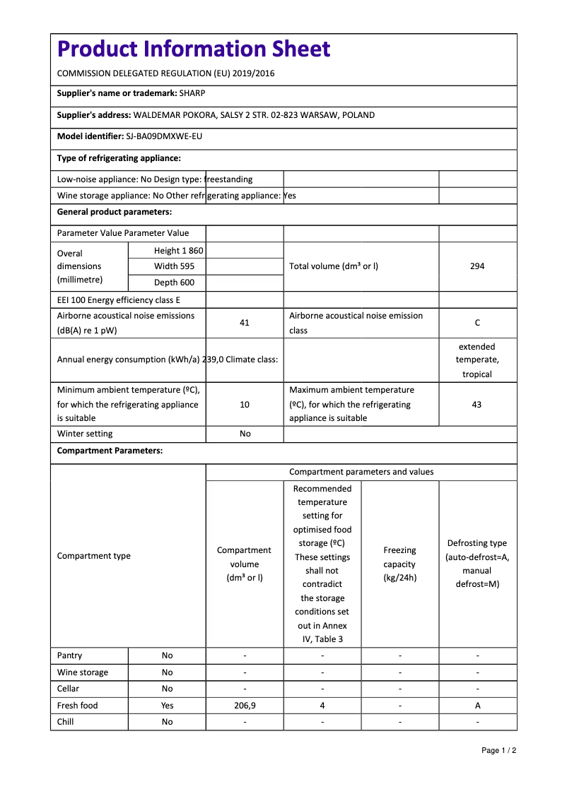 Page 1 de la notice Manuel utilisateur Sharp SJ-BA09DMXWE-EU