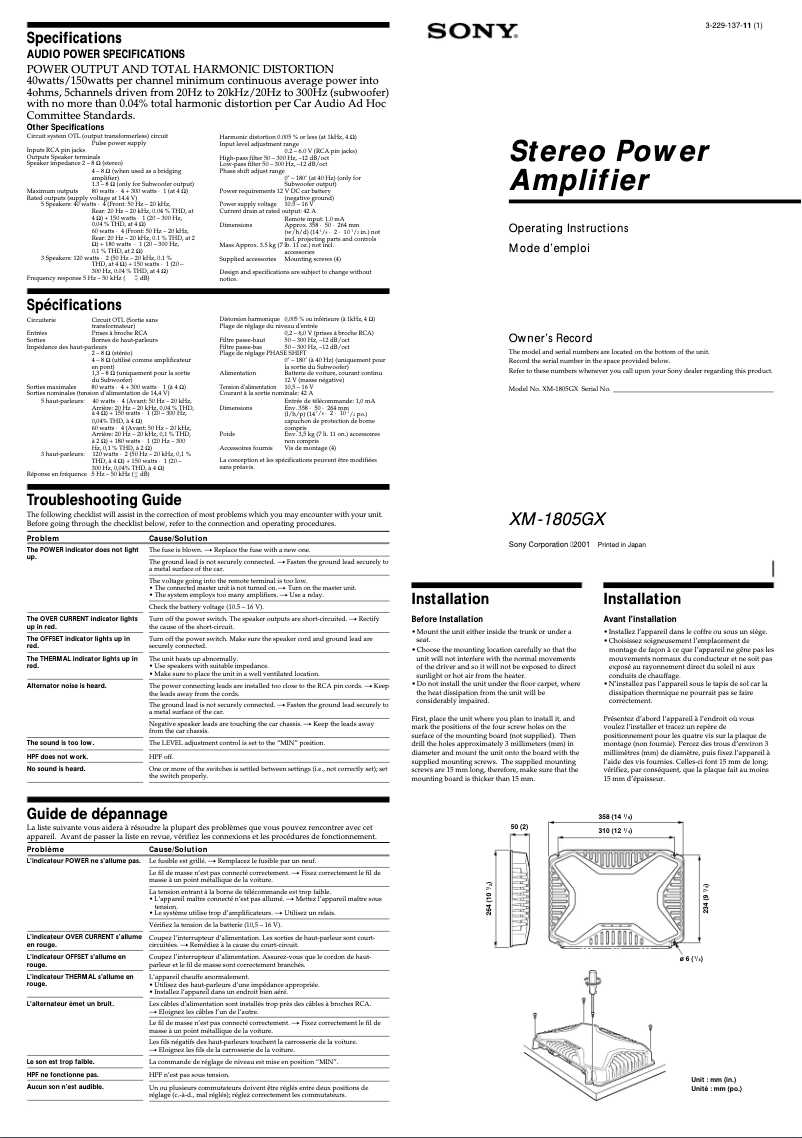 Página 1 del manual Manual de usuario Sony XM-1805GX