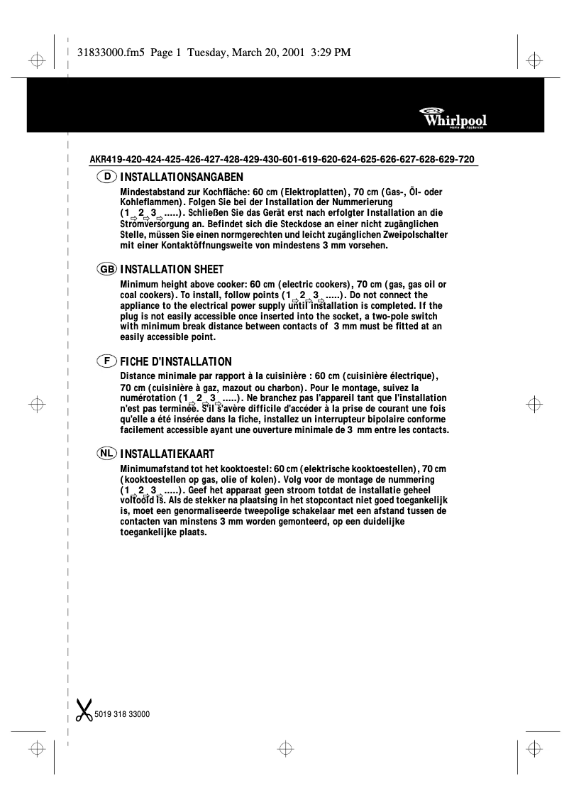Page 1 de la notice Manuel utilisateur Whirlpool AKR 429 IX