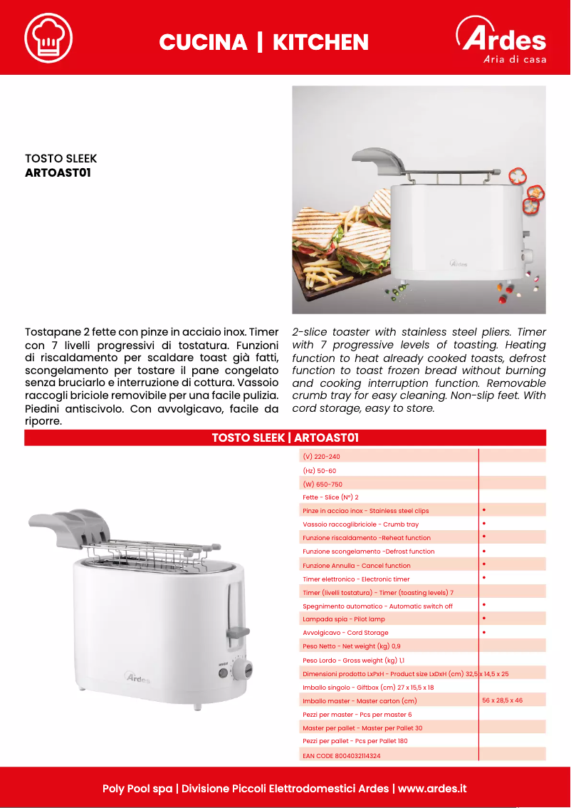 Página 1 del manual Ficha técnica Ardes Tosto Sleek ARTOAST01