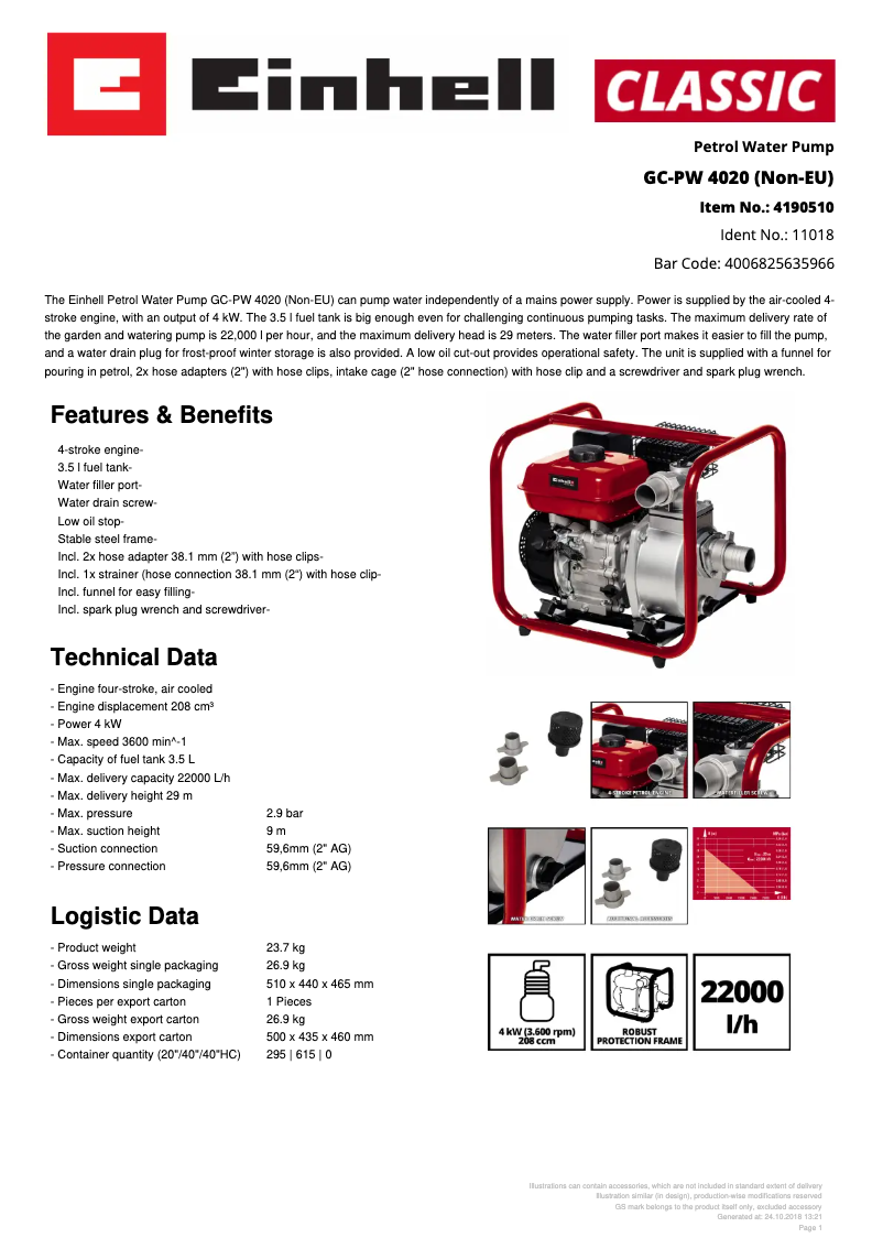 Page n°1 - Fiche technique Einhell GC-PW 4020