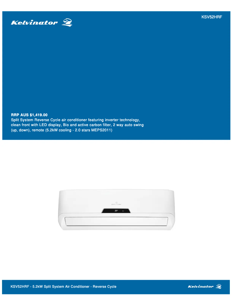 Page 1 de la notice Fiche technique Kelvinator KSV52HRF