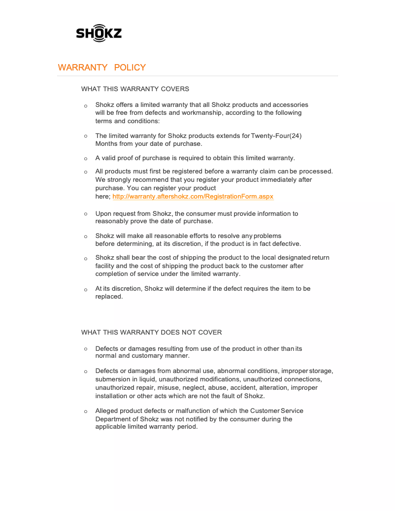 Page 1 de la notice Informations de garantie Shokz OpenRun PRO