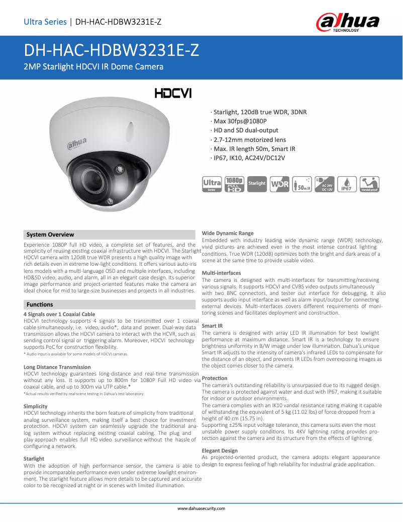 Page n°1 - Fiche technique Dahua Technology HAC-HDBW3231E-Z