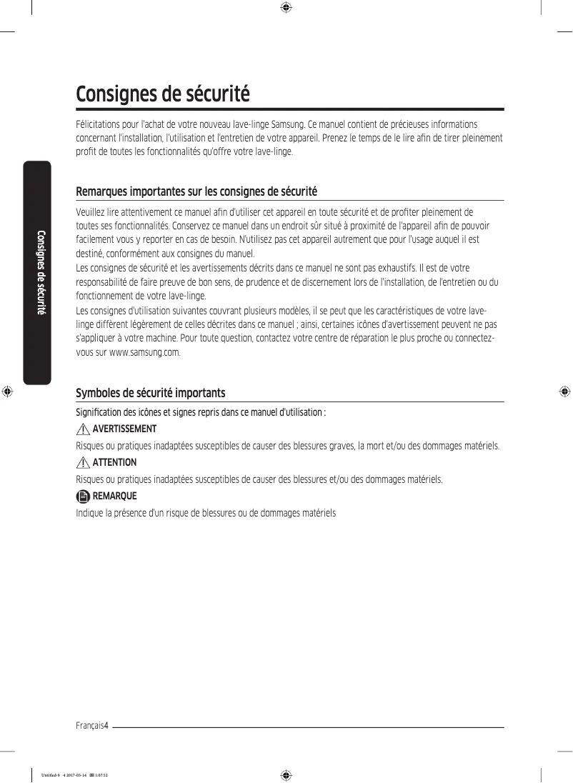 Page 1 de la notice Guide d'installation Samsung WW70J5455FX