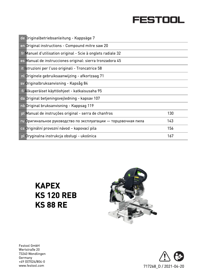 Page 1 de la notice Manuel utilisateur Festool KAPEX KS 120 R