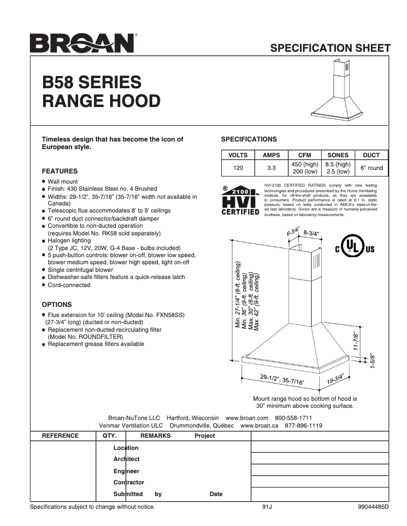 Page n°1 - Fiche technique Broan B5830SS