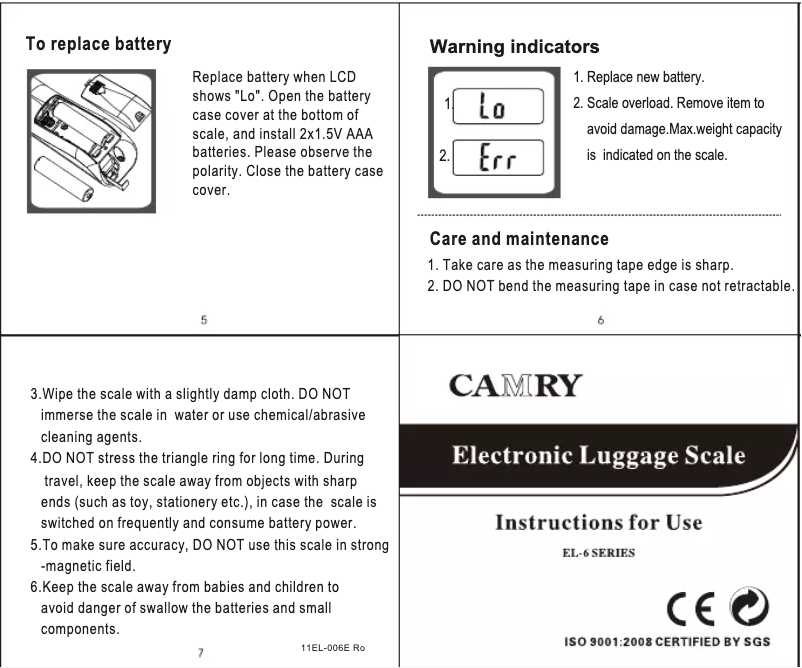 Page 1 de la notice Manuel utilisateur Camry EL62