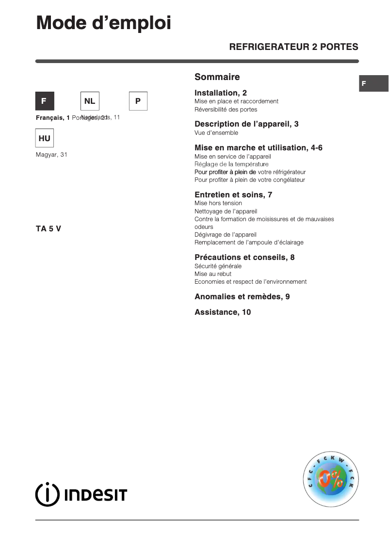 Page n°1 - Manuel utilisateur Indesit TA 5 V (FR)
