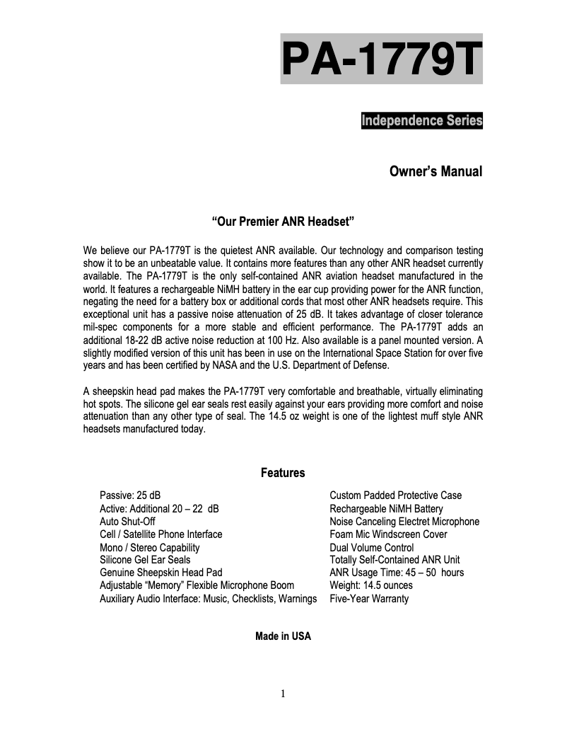 Page 1 de la notice Manuel utilisateur Pilot PA-1779M