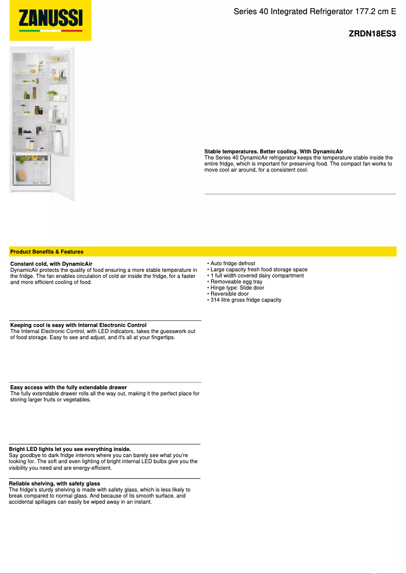 Page 1 de la notice Fiche technique Zanussi ZRDN18ES3