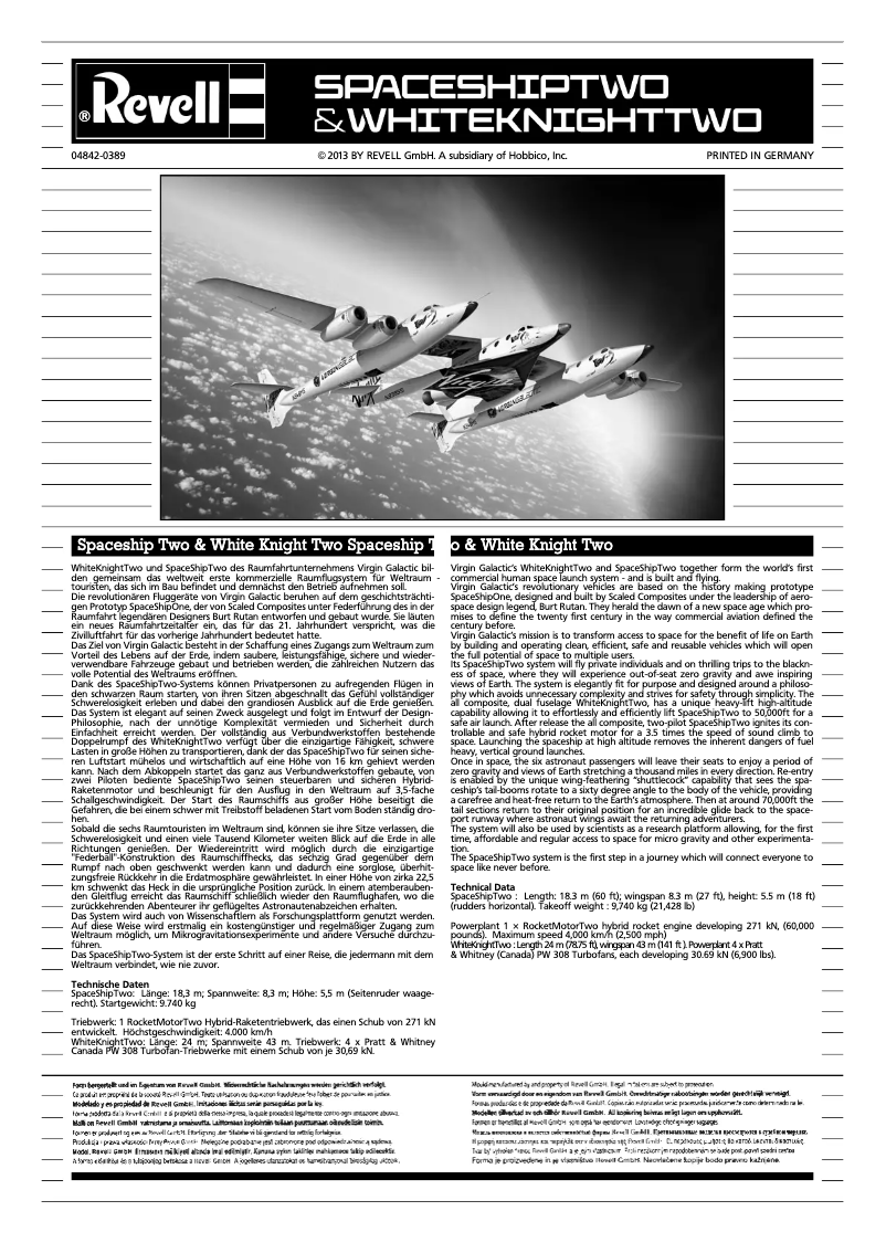 Page 1 de la notice Manuel utilisateur Revell SPACESHIPTWO & WHITEKNIGHTTWO