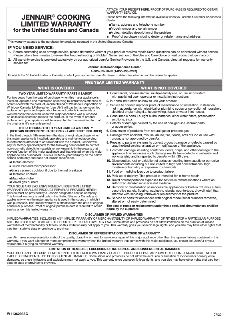 Page n°1 - Informations de garantie JennAir JVW0636LS