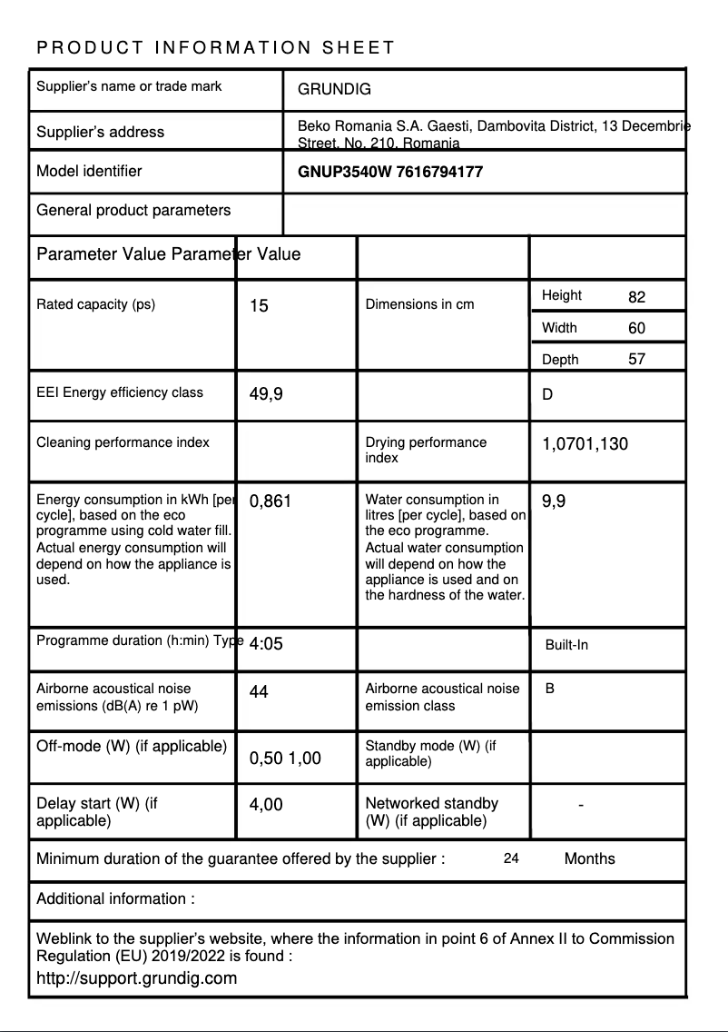 Page 1 de la notice Fiche technique Grundig GNUP3540W