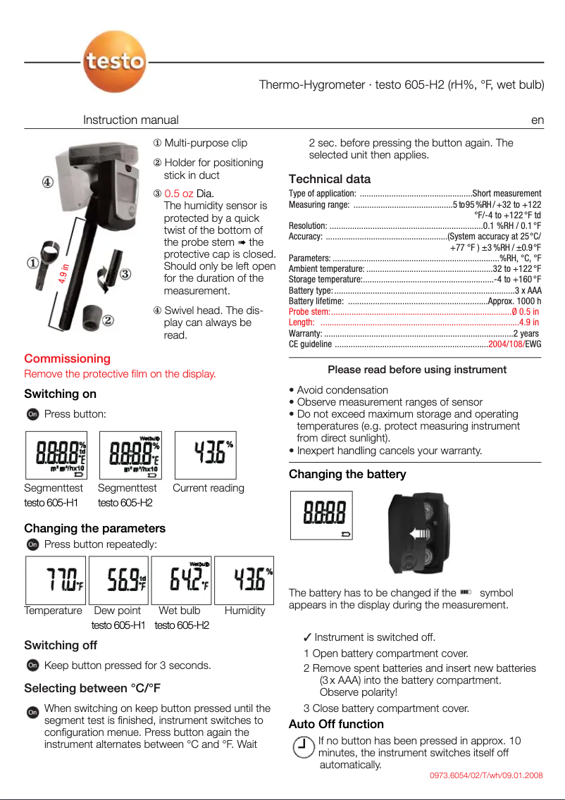 Page 1 de la notice Manuel utilisateur Testo 605-H2