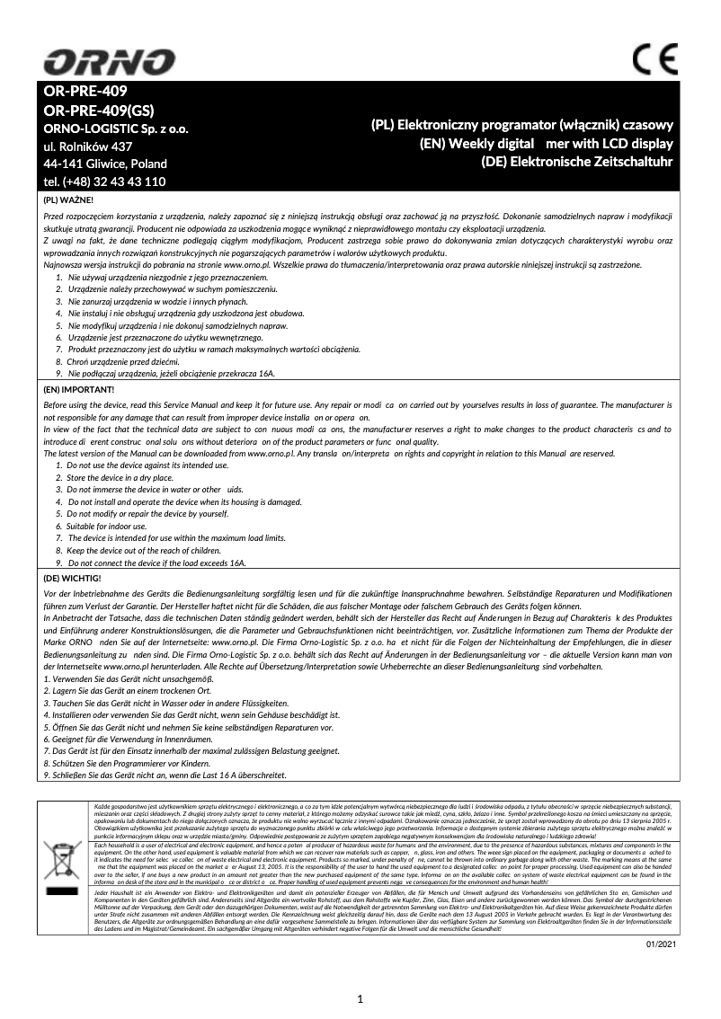 Página 1 del manual Manual de usuario ORNO OR-PRE-409