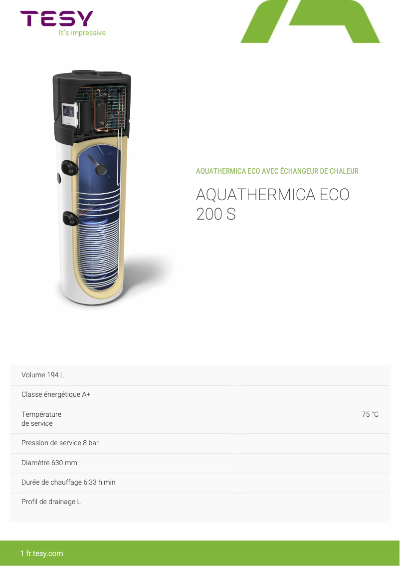 Page n°1 - Fiche technique Tesy AquaThermica Eco 200 S