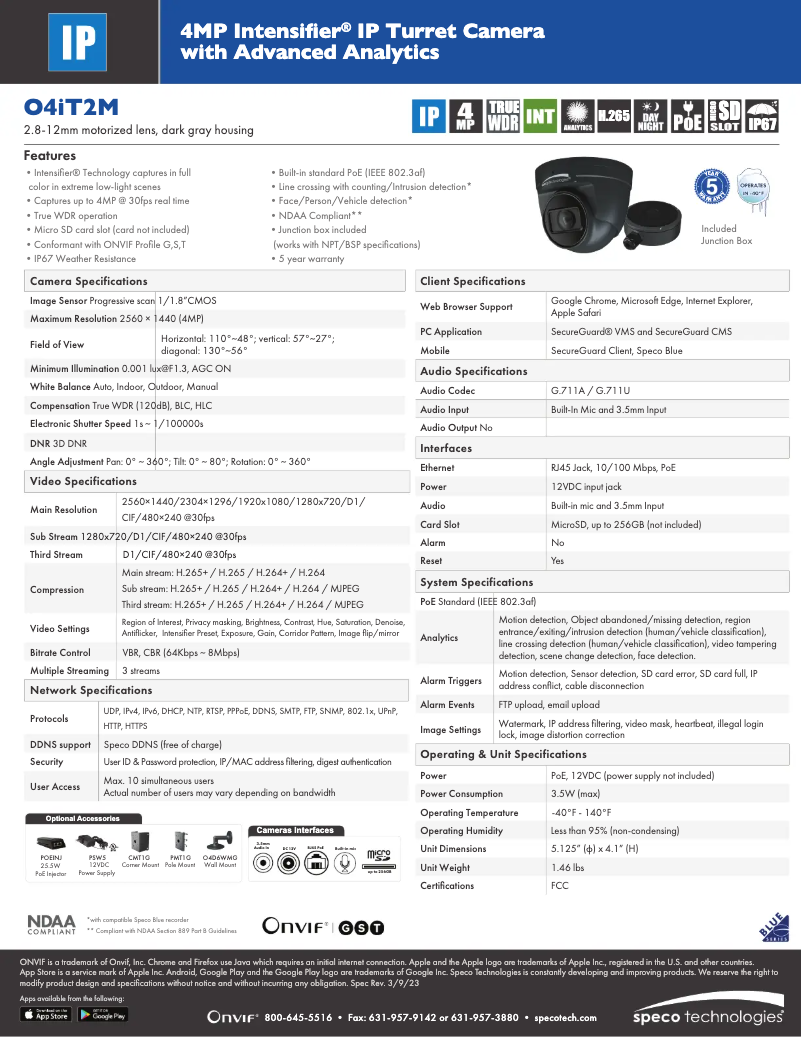 Page 1 de la notice Fiche technique Speco Technologies O4iT2M