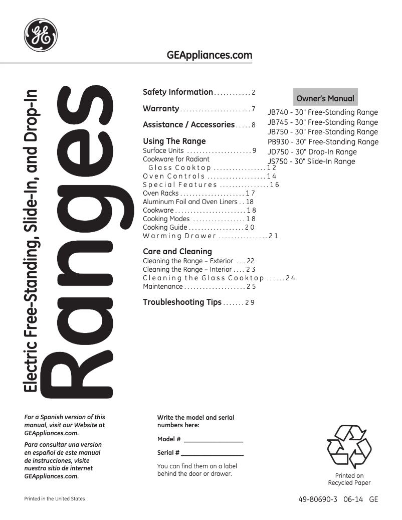 Page 1 de la notice Mode d'emploi GE Adora Series JB745SFSS