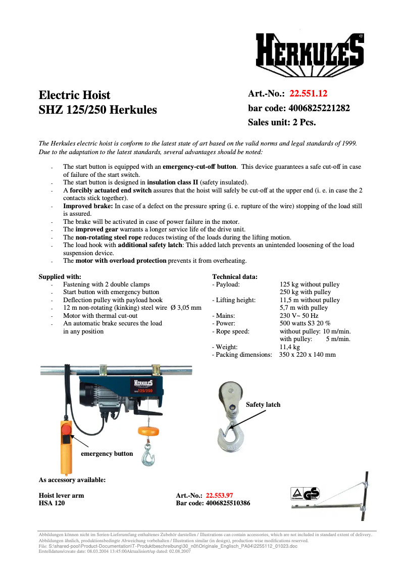 Page 1 of the manual Technical Sheet Herkules SHZ 125/250
