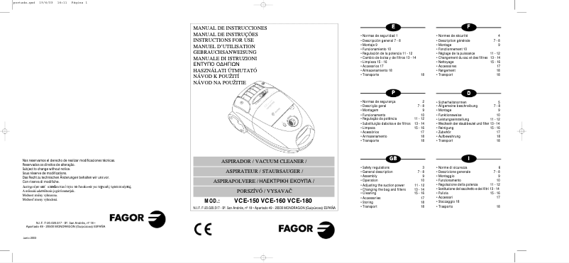 Page 1 de la notice Manuel utilisateur Fagor VCE-150